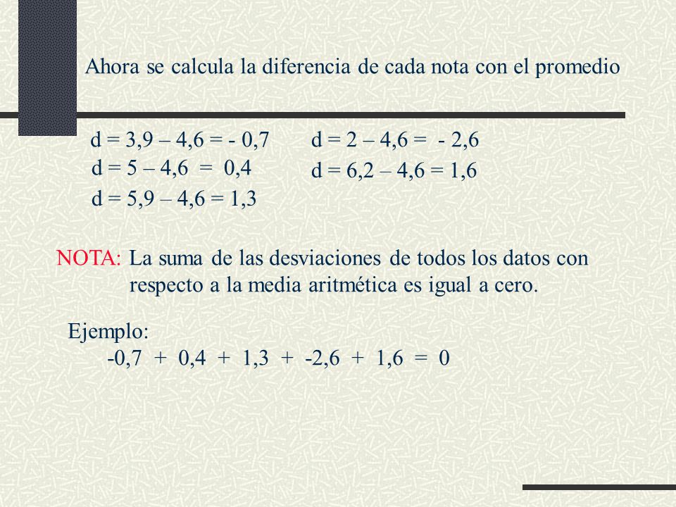 Ahora se calcula la diferencia de cada nota con el promedio