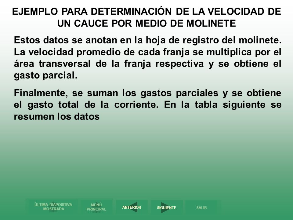 EJEMPLO PARA DETERMINACIÓN DE LA VELOCIDAD DE UN CAUCE POR MEDIO DE MOLINETE