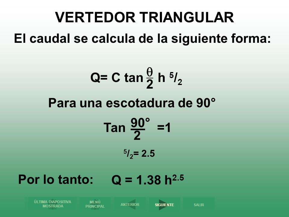 VERTEDOR TRIANGULAR El caudal se calcula de la siguiente forma: 2 