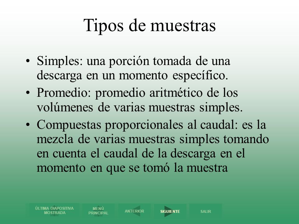 Tipos de muestras Simples: una porción tomada de una descarga en un momento específico.