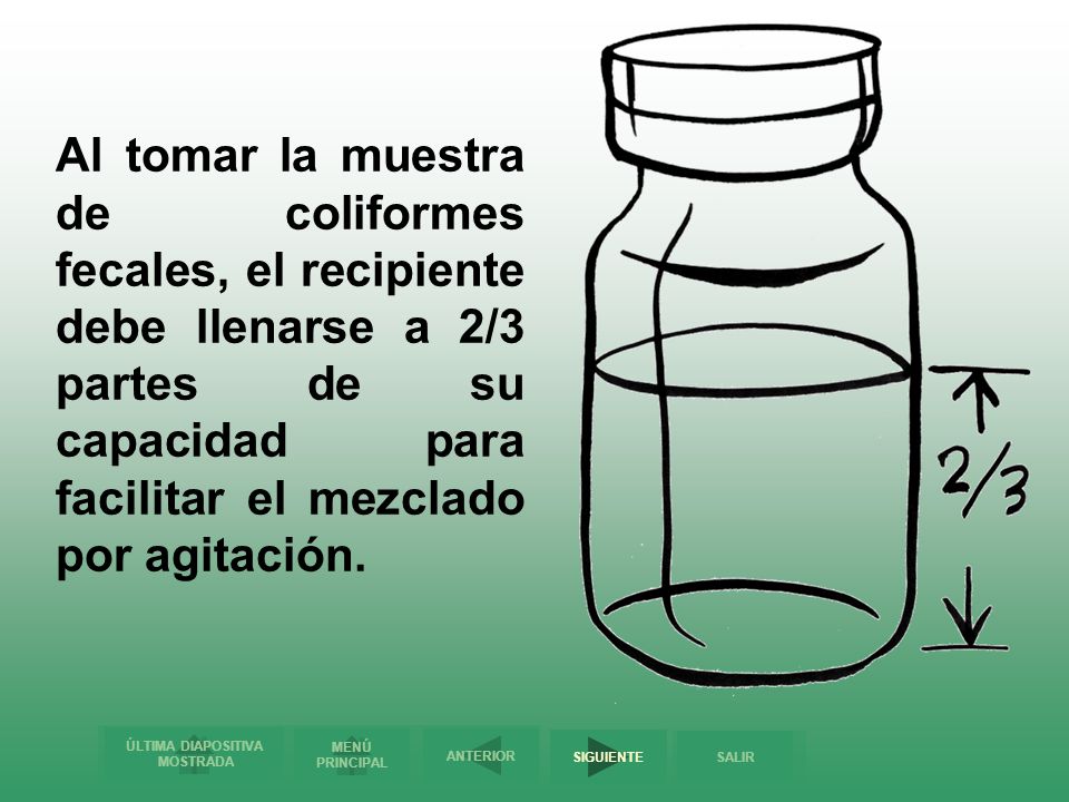 Al tomar la muestra de coliformes fecales, el recipiente debe llenarse a 2/3 partes de su capacidad para facilitar el mezclado por agitación.