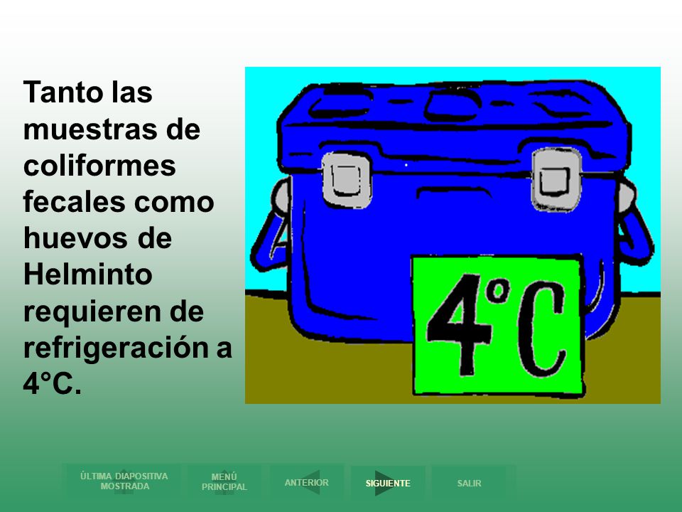 Tanto las muestras de coliformes fecales como huevos de Helminto requieren de refrigeración a 4°C.
