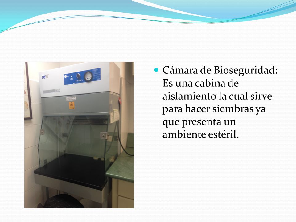 Cámara de Bioseguridad: Es una cabina de aislamiento la cual sirve para hacer siembras ya que presenta un ambiente estéril.