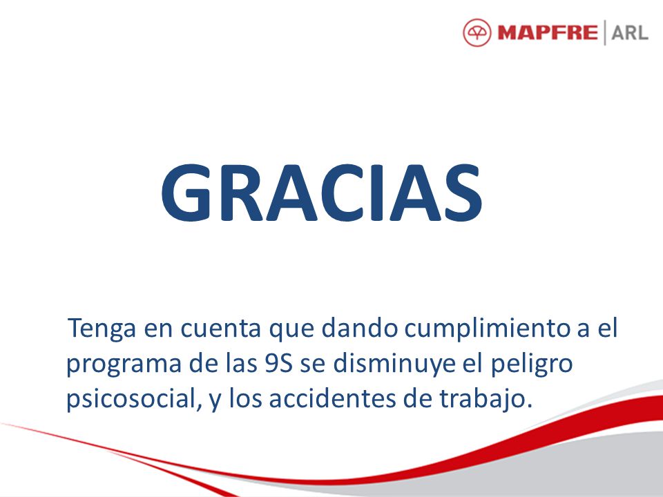 GRACIAS Tenga en cuenta que dando cumplimiento a el programa de las 9S se disminuye el peligro psicosocial, y los accidentes de trabajo.
