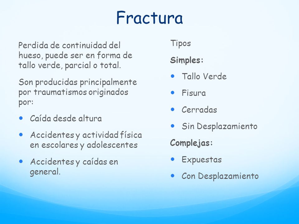 Fractura Tipos. Simples: Tallo Verde. Fisura. Cerradas. Sin Desplazamiento. Complejas: Expuestas.