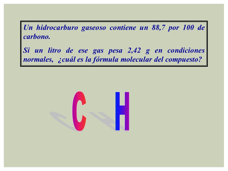 C H Un hidrocarburo gaseoso contiene un 88,7 por 100 de carbono.