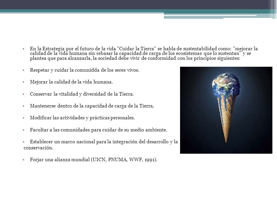 En la Estrategia por el futuro de la vida Cuidar la Tierra se habla de sustentabilidad como: mejorar la calidad de la vida humana sin rebasar la capacidad de carga de los ecosistemas que lo sustentan y se plantea que para alcanzarla, la sociedad debe vivir de conformidad con los principios siguientes: