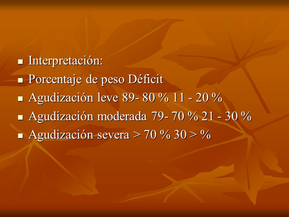 Interpretación: Porcentaje de peso Déficit. Agudización leve % % Agudización moderada % %