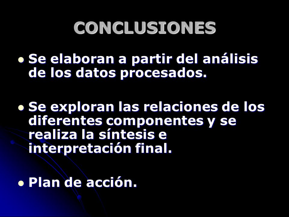 CONCLUSIONES Se elaboran a partir del análisis de los datos procesados.