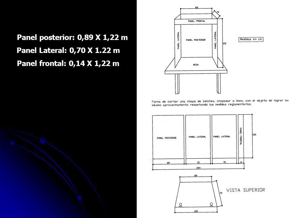 Panel posterior: 0,89 X 1,22 m Panel Lateral: 0,70 X 1.22 m Panel frontal: 0,14 X 1,22 m