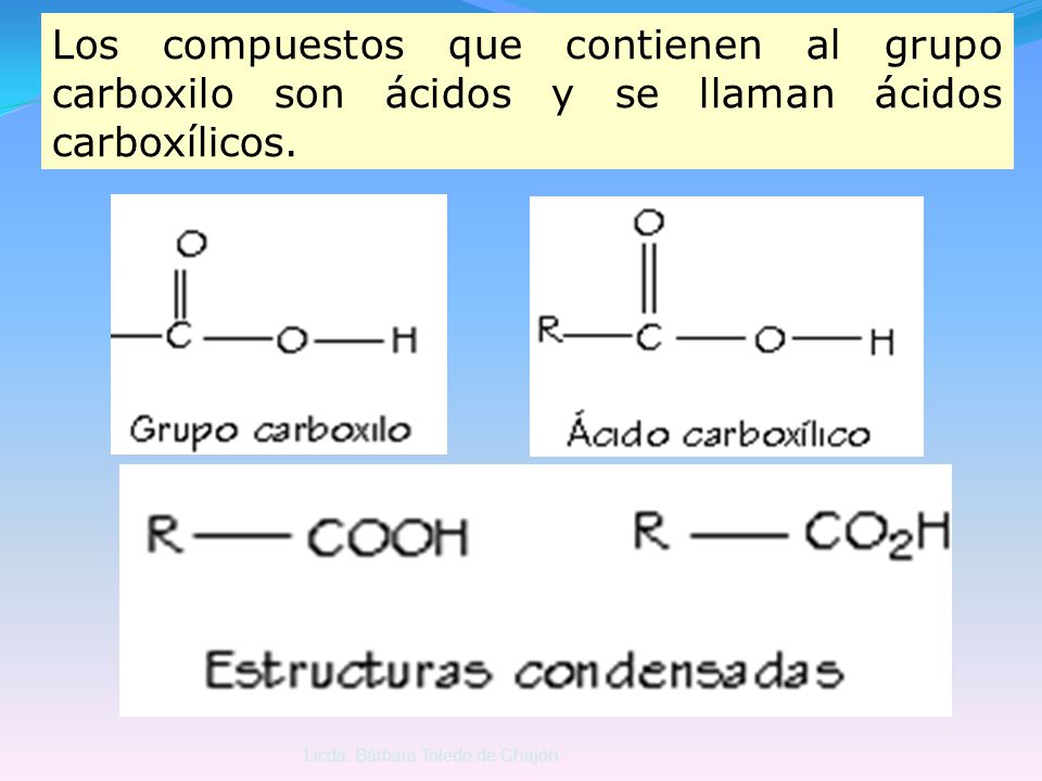 Los compuestos que contienen al grupo carboxilo son ácidos y se llaman ácidos carboxílicos.