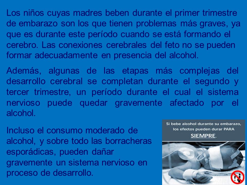 Los niños cuyas madres beben durante el primer trimestre de embarazo son los que tienen problemas más graves, ya que es durante este período cuando se está formando el cerebro. Las conexiones cerebrales del feto no se pueden formar adecuadamente en presencia del alcohol.