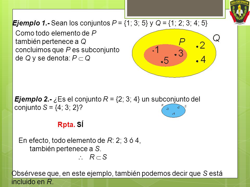 Ejemplo 1.- Sean los conjuntos P = {1; 3; 5} y Q = {1; 2; 3; 4; 5}