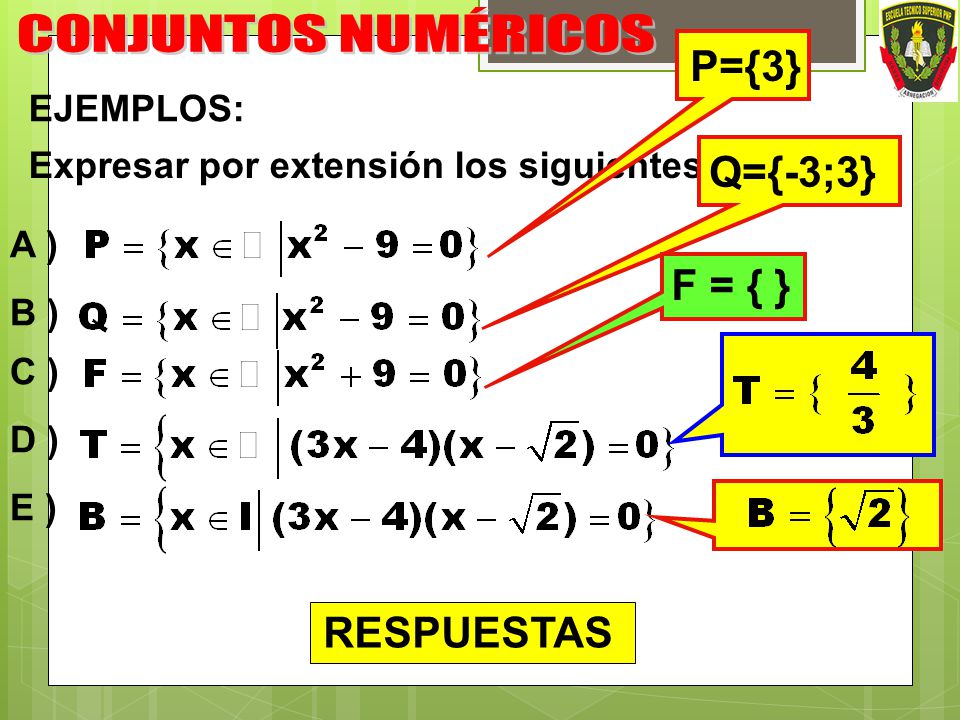 CONJUNTOS NUMÉRICOS P={3} Q={-3;3} F = { } RESPUESTAS EJEMPLOS: