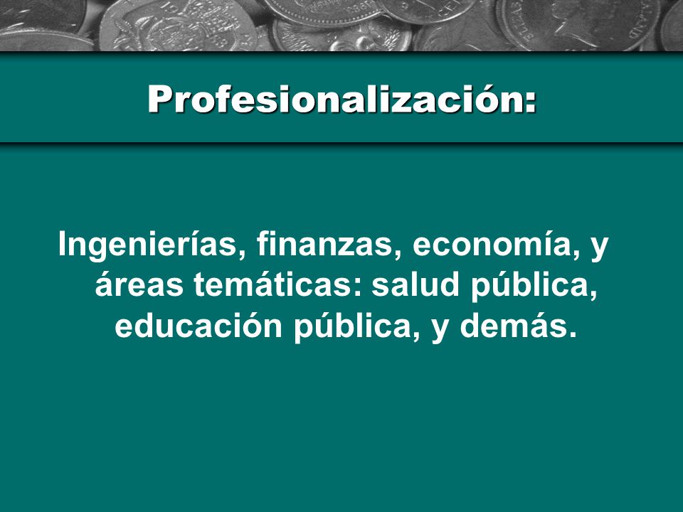 Profesionalización: Ingenierías, finanzas, economía, y áreas temáticas: salud pública, educación pública, y demás.