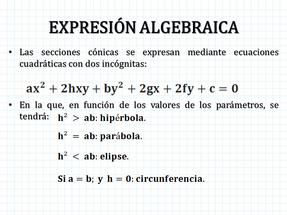 EXPRESIÓN ALGEBRAICA Las secciones cónicas se expresan mediante ecuaciones cuadráticas con dos incógnitas: