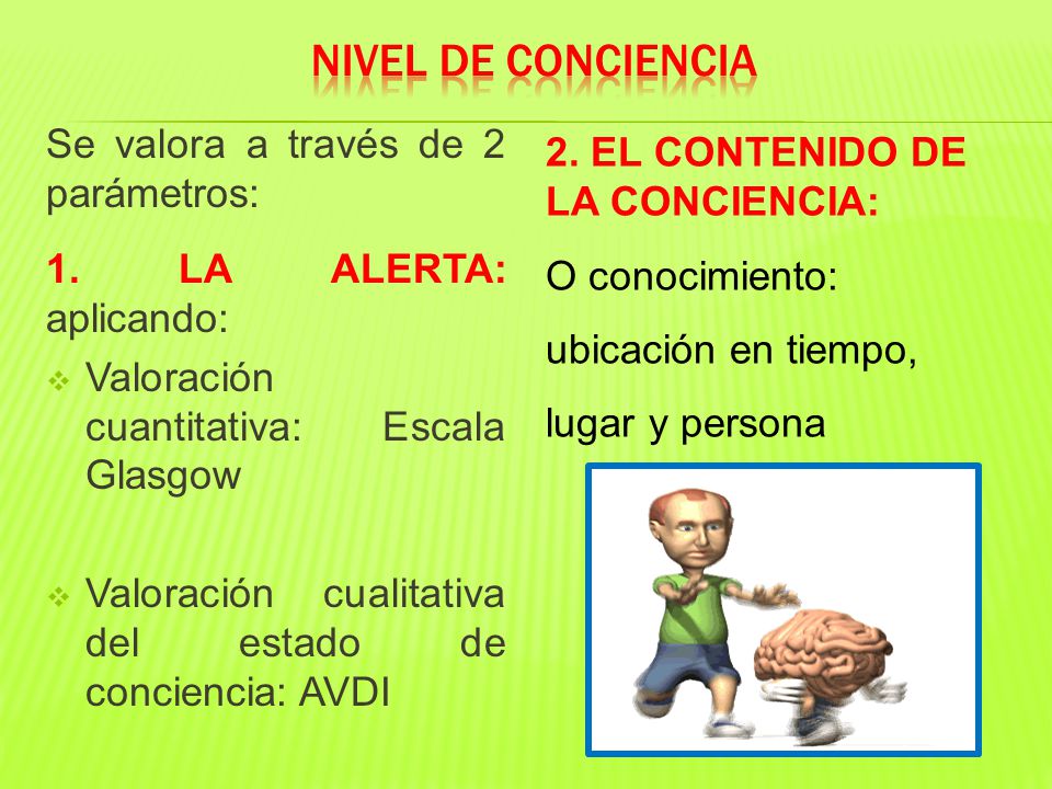 NIVEL DE CONCIENCIA Se valora a través de 2 parámetros: