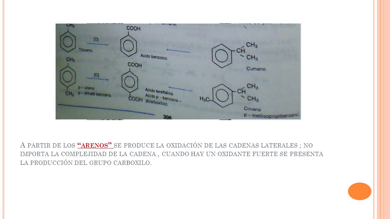 A partir de los arenos se produce la oxidación de las cadenas laterales ; no importa la complejidad de la cadena , cuando hay un oxidante fuerte se presenta la producción del grupo carboxilo.