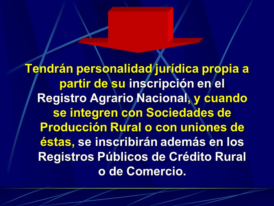 Tendrán personalidad jurídica propia a partir de su inscripción en el Registro Agrario Nacional, y cuando se integren con Sociedades de Producción Rural o con uniones de éstas, se inscribirán además en los Registros Públicos de Crédito Rural o de Comercio.