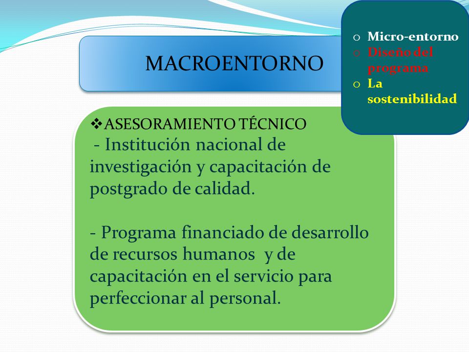 Micro-entorno Diseño del programa. La sostenibilidad. MACROENTORNO. ASESORAMIENTO TÉCNICO.