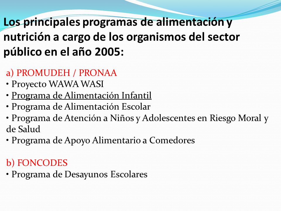 Los principales programas de alimentación y nutrición a cargo de los organismos del sector público en el año 2005: