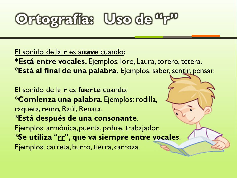 Ortografía: Uso de r El sonido de la r es suave cuando: