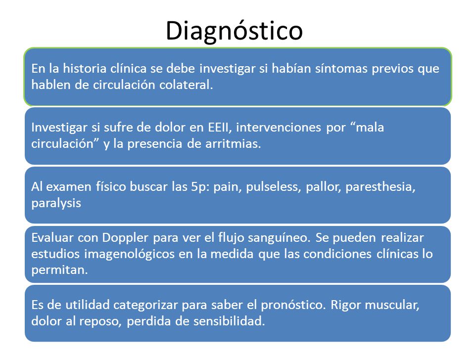Diagnóstico En la historia clínica se debe investigar si habían síntomas previos que hablen de circulación colateral.