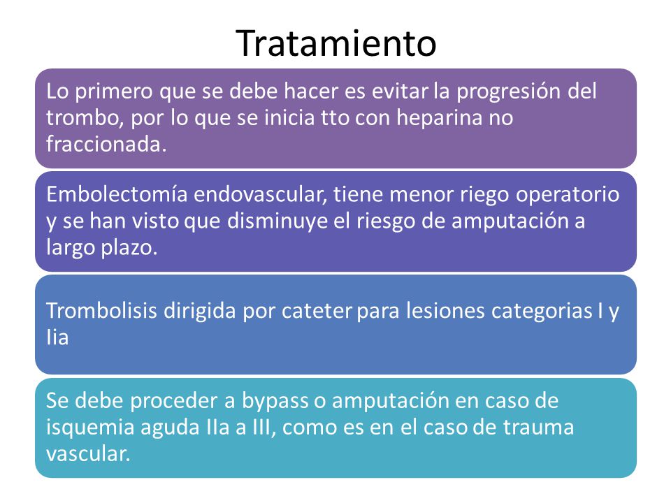 Tratamiento Lo primero que se debe hacer es evitar la progresión del trombo, por lo que se inicia tto con heparina no fraccionada.