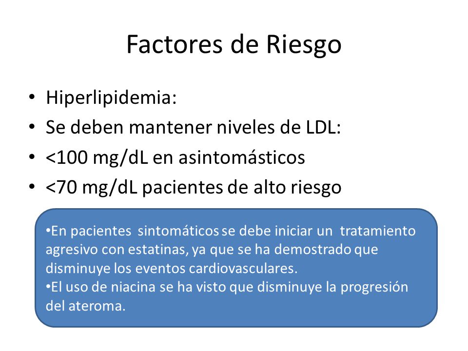 Factores de Riesgo Hiperlipidemia: Se deben mantener niveles de LDL: