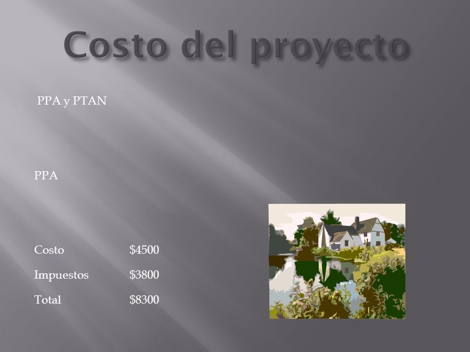 Costo del proyecto PPA y PTAN PPA Costo $4500 Impuestos $3800 Total