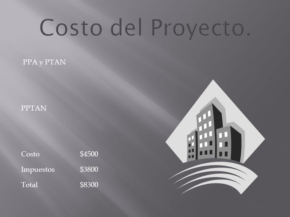Costo del Proyecto. PPA y PTAN PPTAN Costo $4500 Impuestos $3800 Total