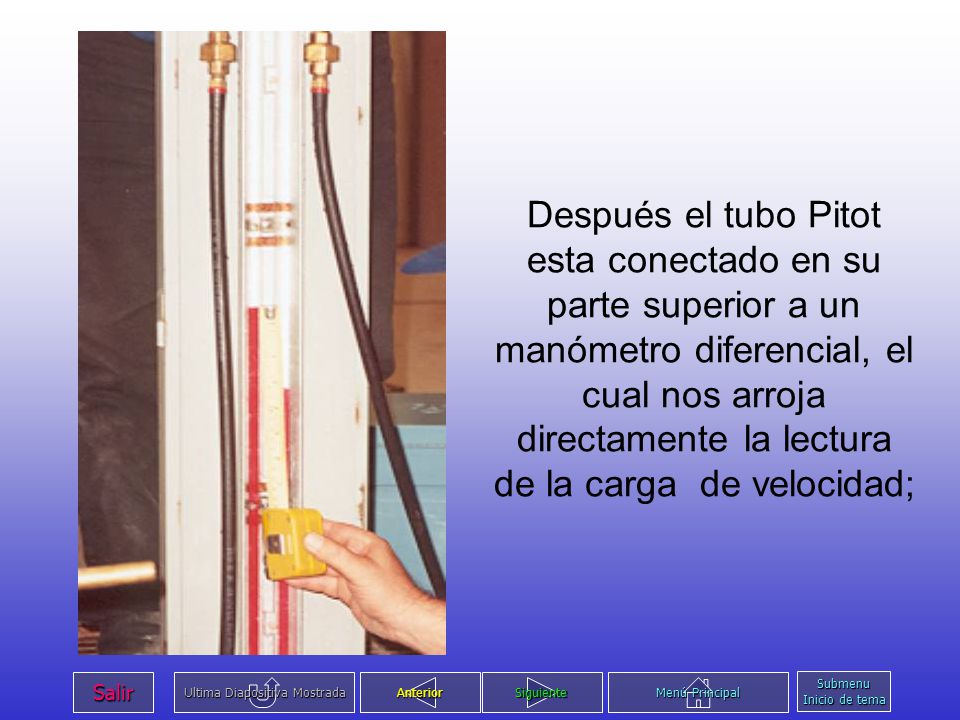 Después el tubo Pitot esta conectado en su parte superior a un manómetro diferencial, el cual nos arroja directamente la lectura de la carga de velocidad;