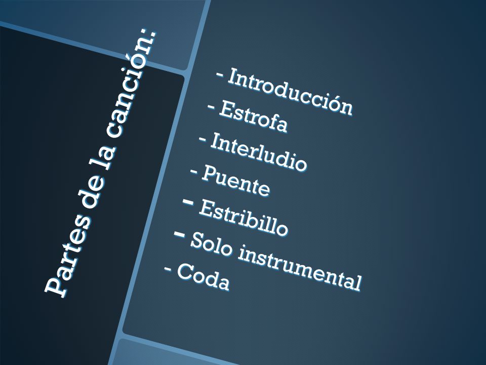 Partes de la canción: - Introducción - Estrofa - Interludio - Puente