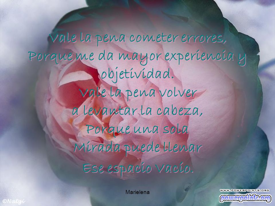 Vale la pena cometer errores, Porque me da mayor experiencia y objetividad. Vale la pena volver a levantar la cabeza, Porque una sola Mirada puede llenar Ese espacio Vacío.