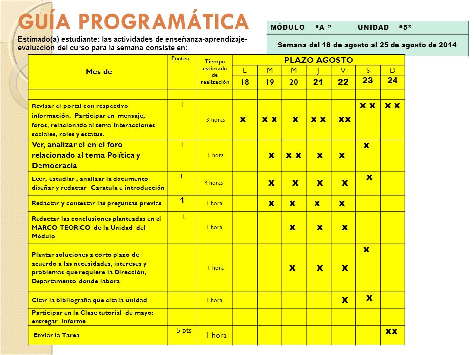 GUÍA PROGRAMÁTICA x x x x xx xx Mes de PLAZO AGOSTO L M J V S D 18 19