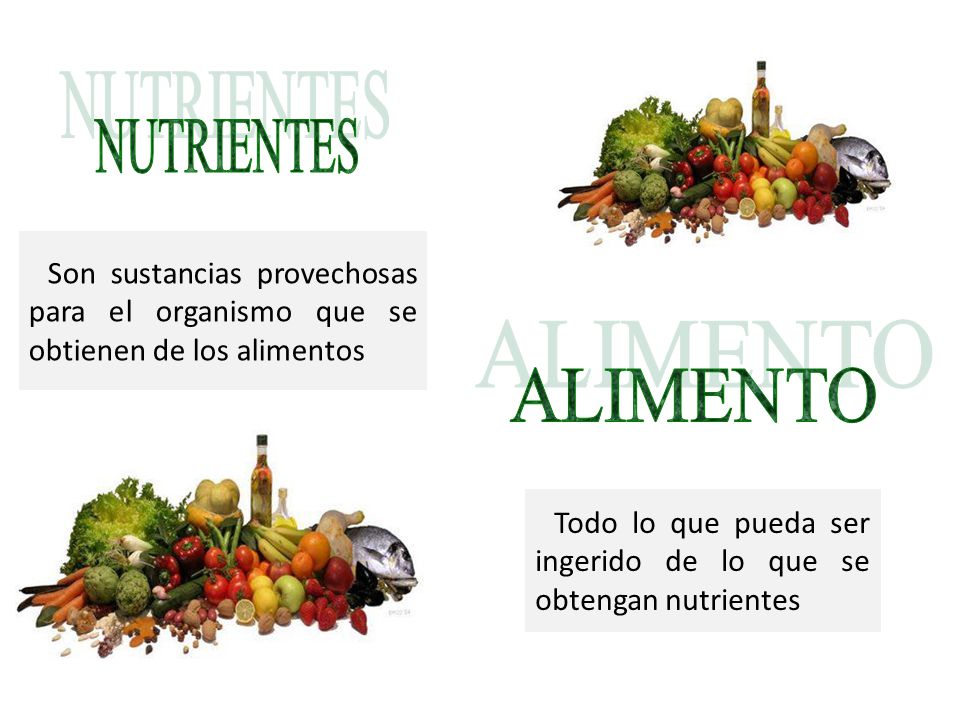 NUTRIENTES Son sustancias provechosas para el organismo que se obtienen de los alimentos. ALIMENTO.