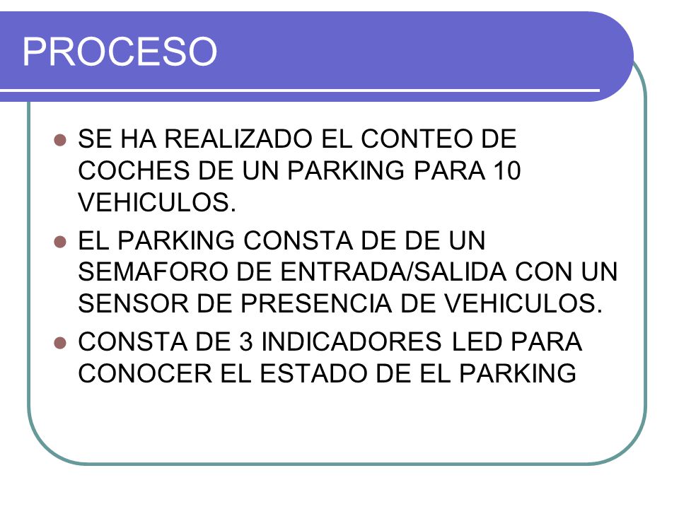 PROCESO SE HA REALIZADO EL CONTEO DE COCHES DE UN PARKING PARA 10 VEHICULOS.