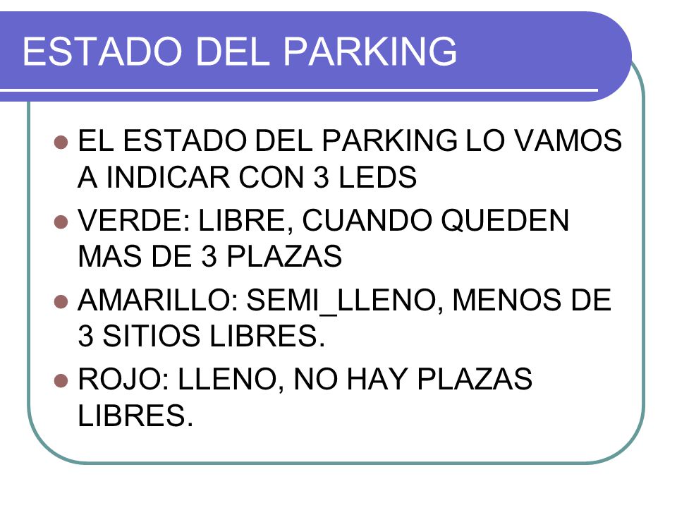 ESTADO DEL PARKING EL ESTADO DEL PARKING LO VAMOS A INDICAR CON 3 LEDS