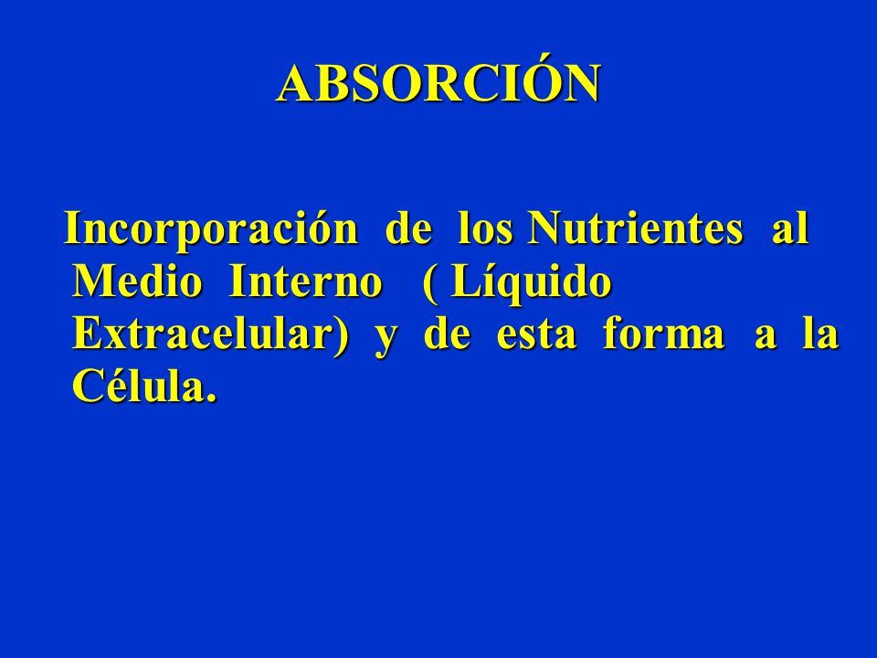 ABSORCIÓN Incorporación de los Nutrientes al Medio Interno ( Líquido Extracelular) y de esta forma a la Célula.