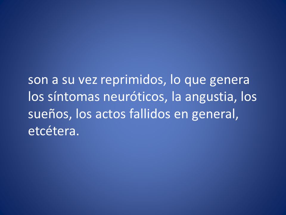 son a su vez reprimidos, lo que genera los síntomas neuróticos, la angustia, los sueños, los actos fallidos en general, etcétera.
