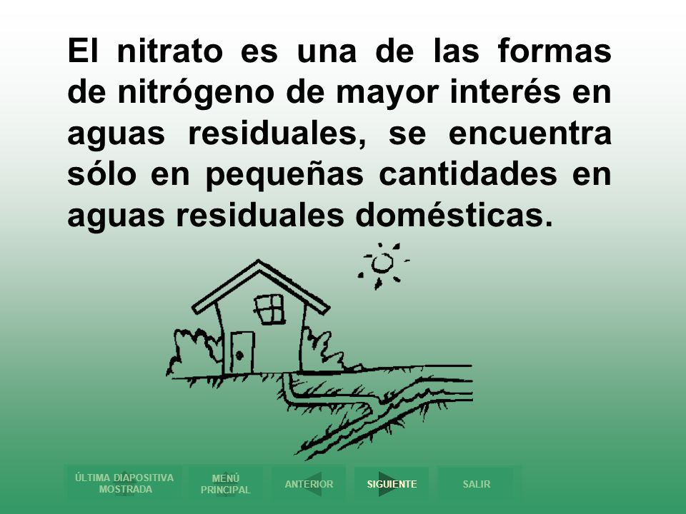El nitrato es una de las formas de nitrógeno de mayor interés en aguas residuales, se encuentra sólo en pequeñas cantidades en aguas residuales domésticas.