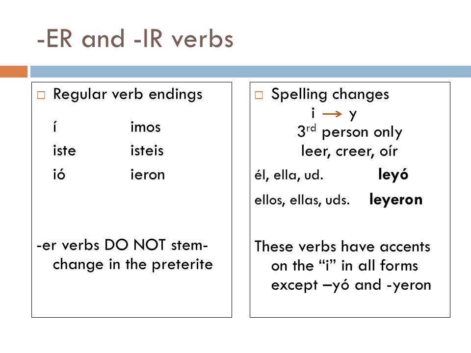 -ER and -IR verbs Regular verb endings í imos iste isteis ió ieron