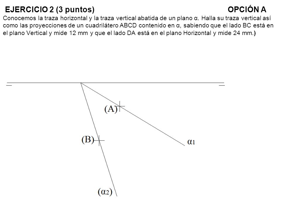 EJERCICIO 2 (3 puntos) OPCIÓN A Conocemos la traza horizontal y la traza vertical abatida de un plano α.