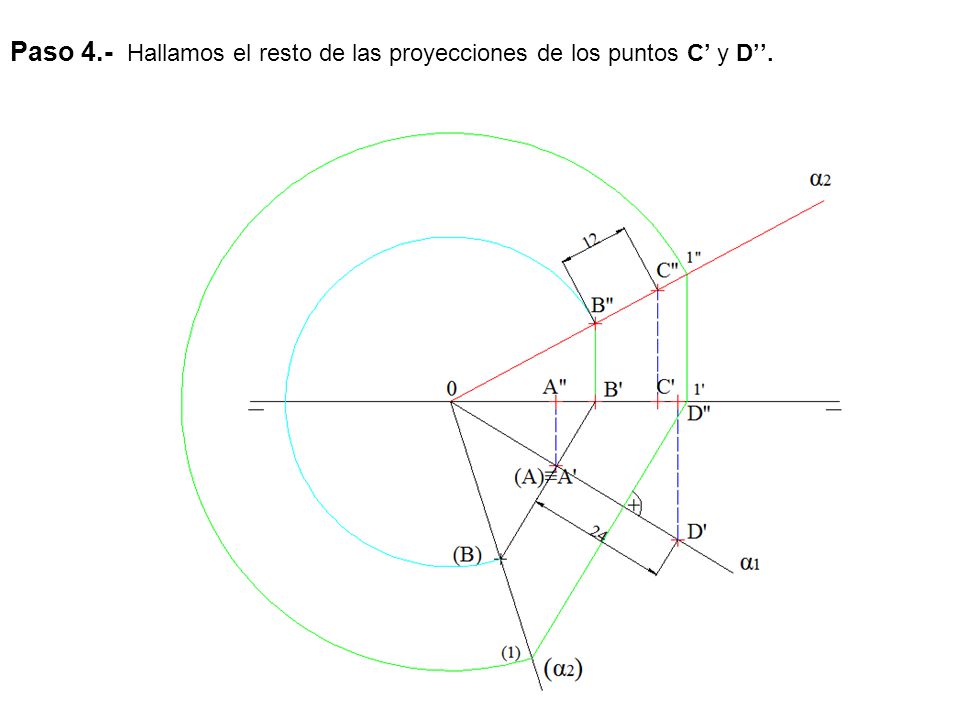 Paso 4.- Hallamos el resto de las proyecciones de los puntos C’ y D’’.
