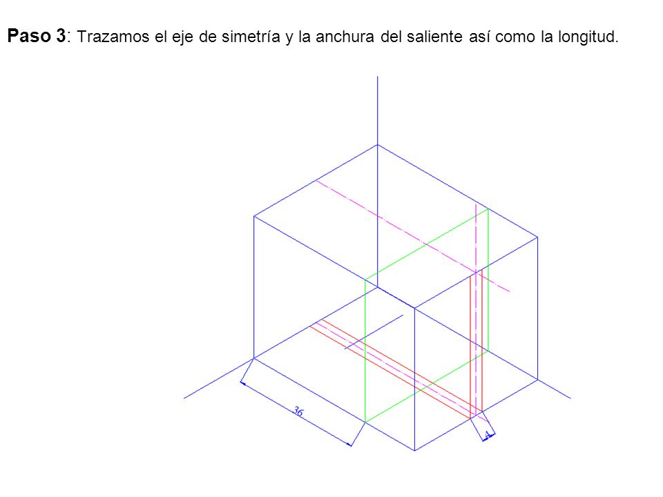 Paso 3: Trazamos el eje de simetría y la anchura del saliente así como la longitud.