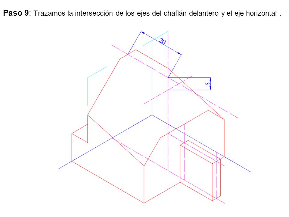 Paso 9: Trazamos la intersección de los ejes del chaflán delantero y el eje horizontal .