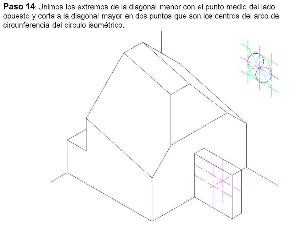 Paso 14: Unimos los extremos de la diagonal menor con el punto medio del lado opuesto y corta a la diagonal mayor en dos puntos que son los centros del arco de circunferencia del circulo isométrico.