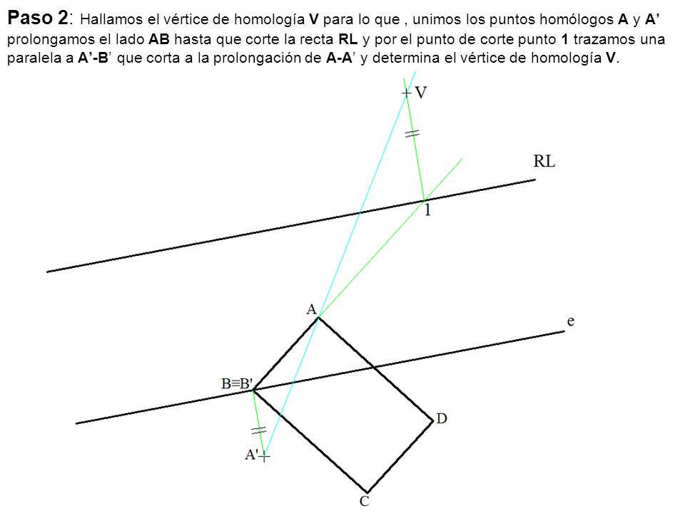 Paso 2: Hallamos el vértice de homología V para lo que , unimos los puntos homólogos A y A’ prolongamos el lado AB hasta que corte la recta RL y por el punto de corte punto 1 trazamos una paralela a A’-B’ que corta a la prolongación de A-A’ y determina el vértice de homología V.