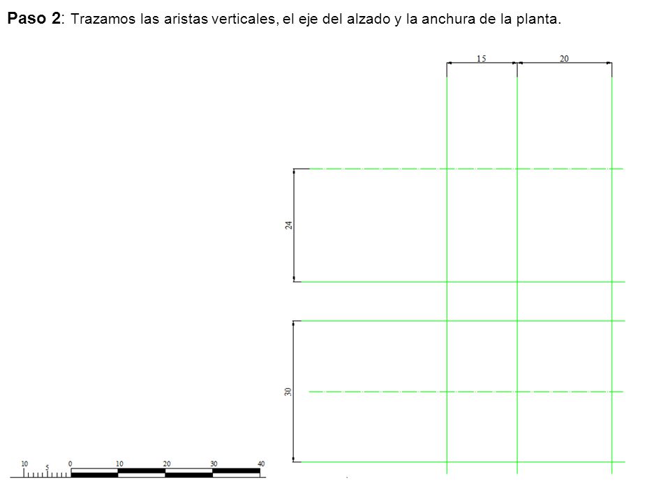 Paso 2: Trazamos las aristas verticales, el eje del alzado y la anchura de la planta.
