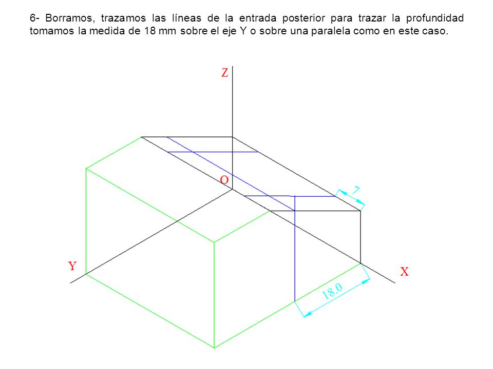 6- Borramos, trazamos las líneas de la entrada posterior para trazar la profundidad tomamos la medida de 18 mm sobre el eje Y o sobre una paralela como en este caso.